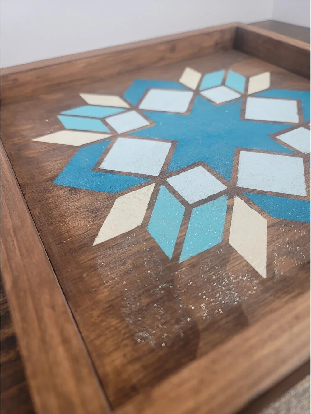 Handmade Wooden Tray With Painted Sparkly Teal Blue And White Barn Quilt Design